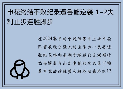 申花终结不败纪录遭鲁能逆袭 1-2失利止步连胜脚步