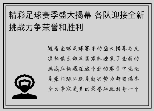 精彩足球赛季盛大揭幕 各队迎接全新挑战力争荣誉和胜利
