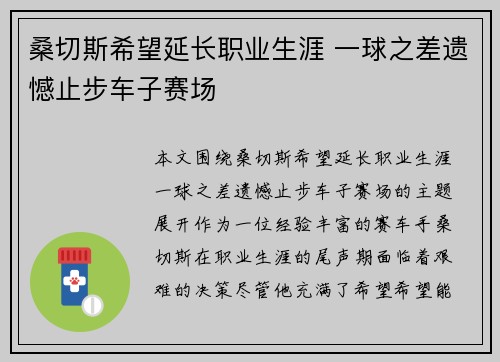 桑切斯希望延长职业生涯 一球之差遗憾止步车子赛场