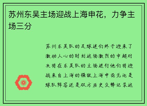 苏州东吴主场迎战上海申花，力争主场三分